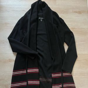 St. John Knits Long Shawl Collar Cardigan in Black/Red/White